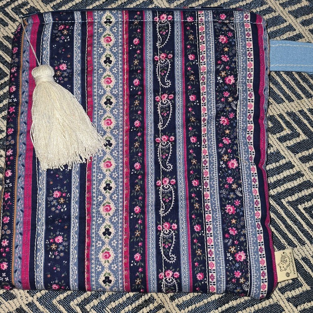 8" X 8.75" Handmade Quilted Pouch Bag Blue And Purple Paisley